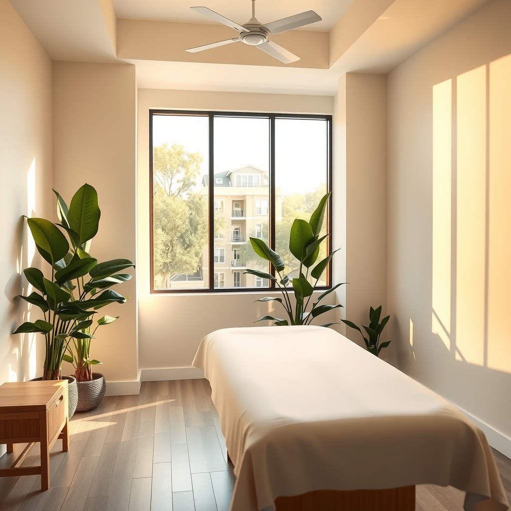Modern and bright med spa treatment room in Raleigh, NC with natural light and minimalist decor