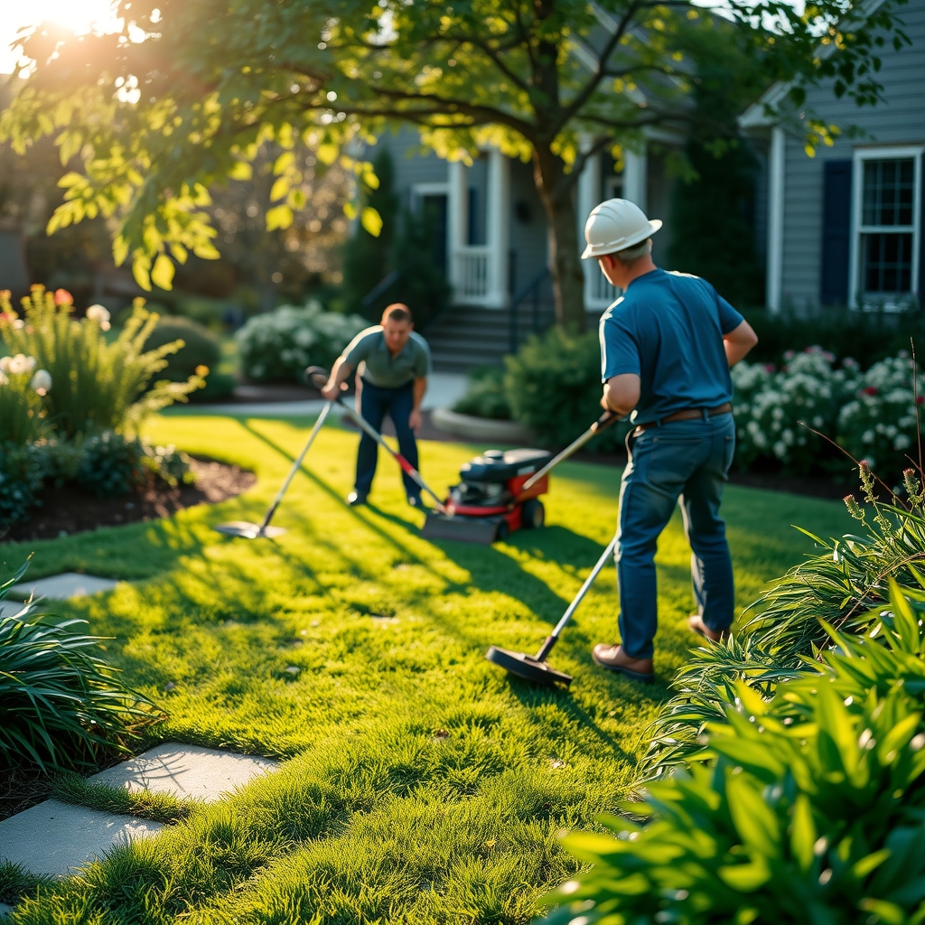 Landscaping team working on a residential yard in Raleigh, NC