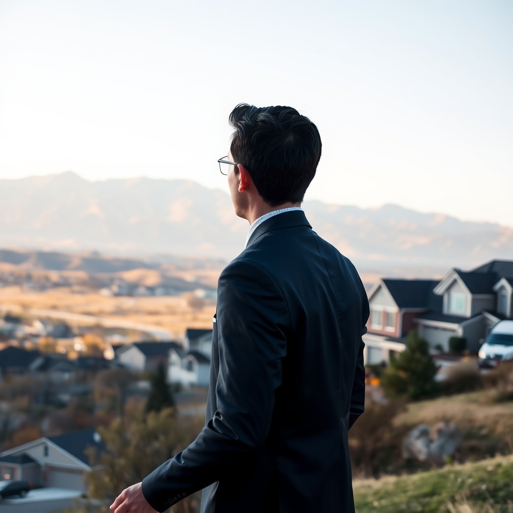 Real estate professional overlooking residential neighborhood in Salt Lake City, UT with mountains in the background.