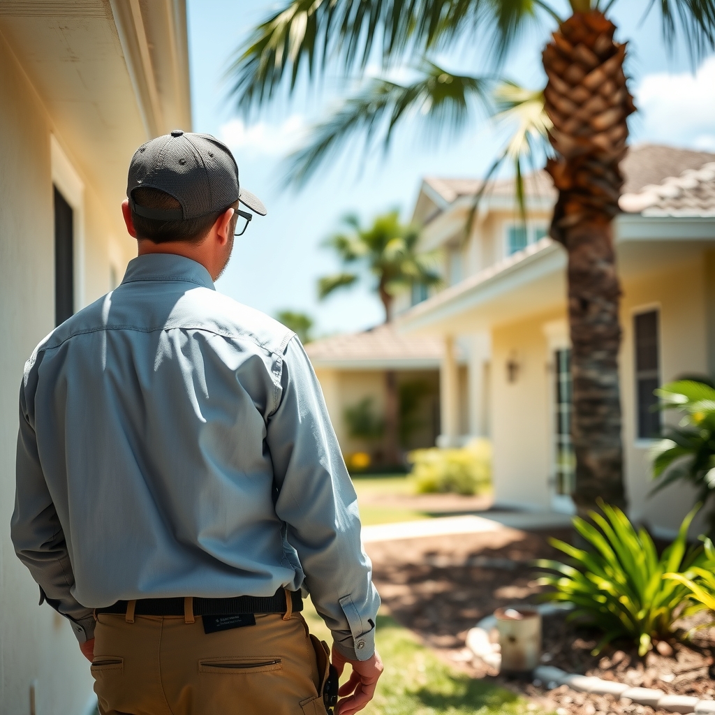 Pest control technician inspecting a residential property exterior in Tampa, FL.