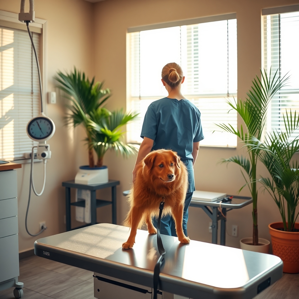 Veterinarian examining a dog in a sunlit clinic exam room in Tampa, FL.