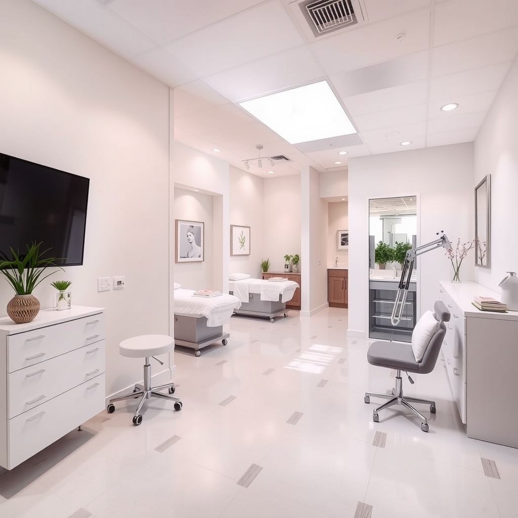 Clean and modern interior of a med spa in Raleigh, NC with professional lighting