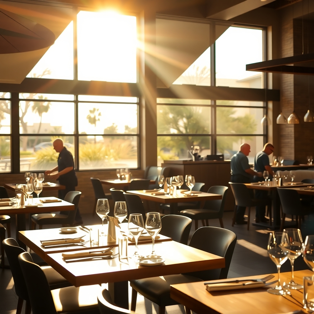 Atmospheric interior view of a restaurant in Phoenix, AZ prepared for evening service.