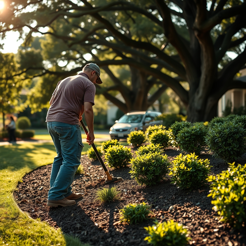 A professional landscaper working in a lush residential garden in Raleigh, NC during a sunny afternoon.