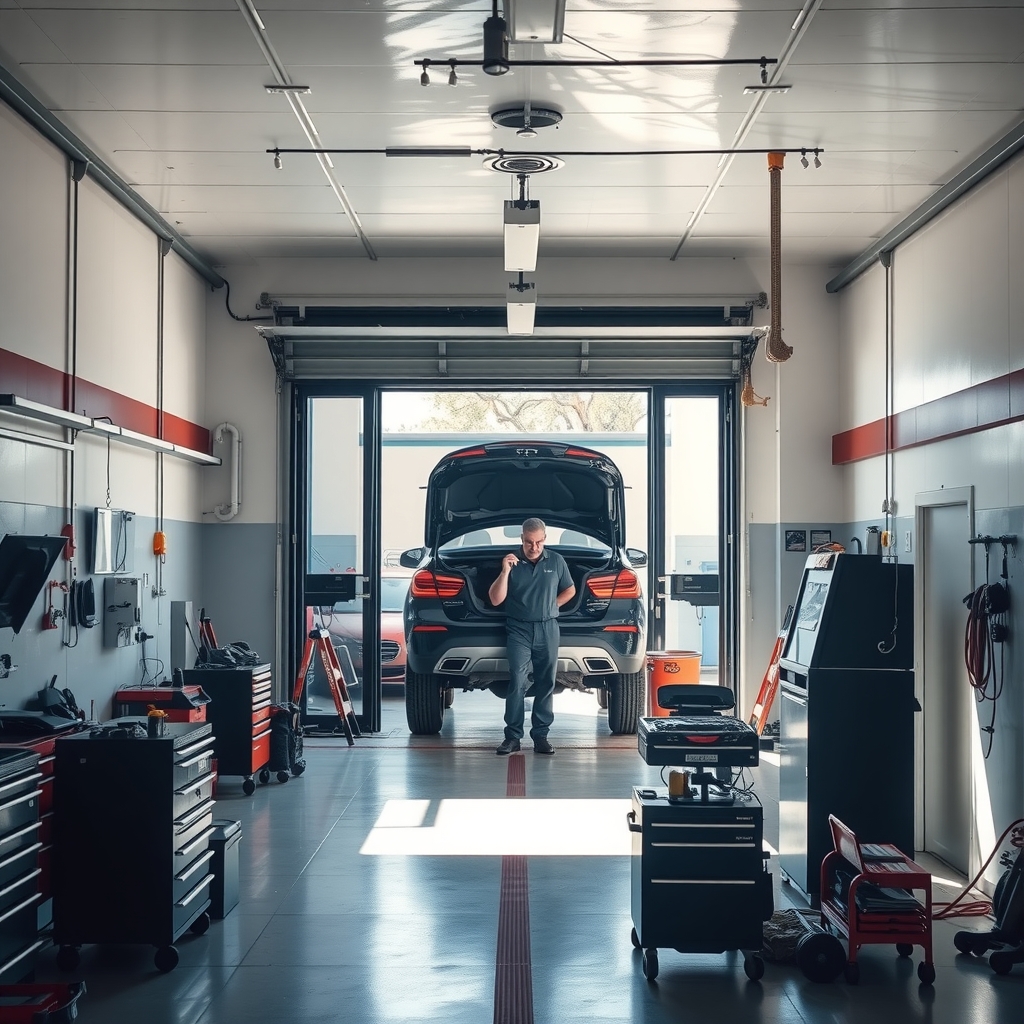 Auto repair shop service bay in Gilbert, AZ with mechanic working