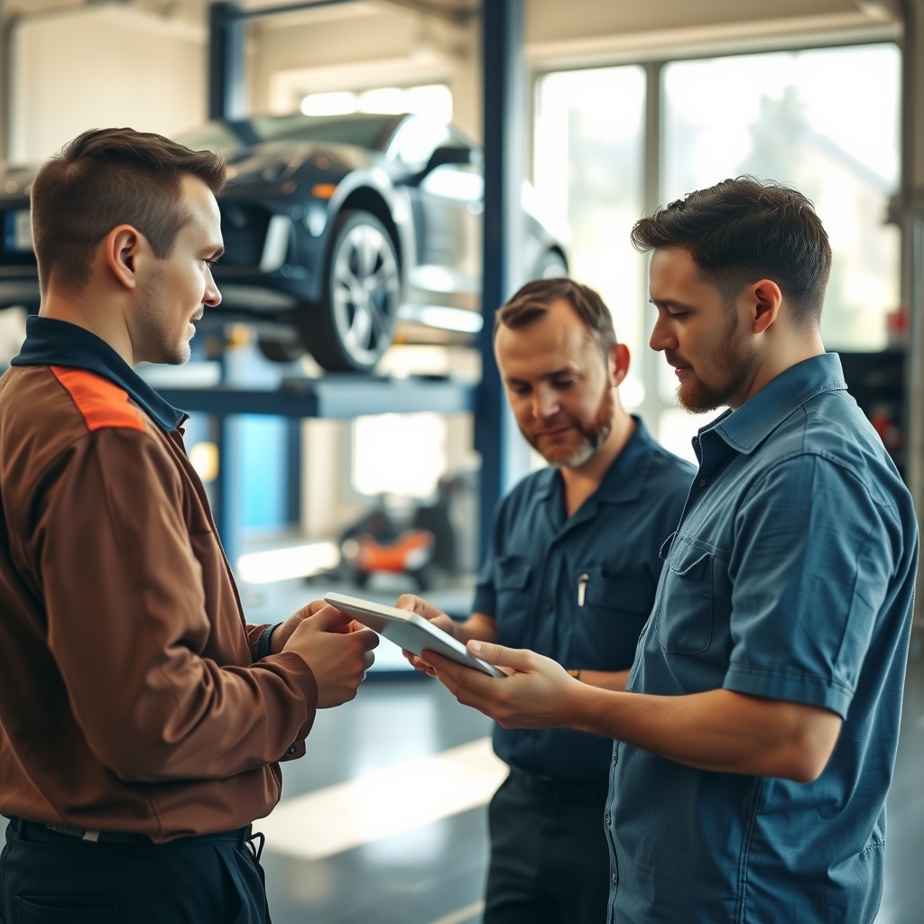 Mechanic and service manager reviewing work orders inside an auto repair shop in Tempe, AZ.