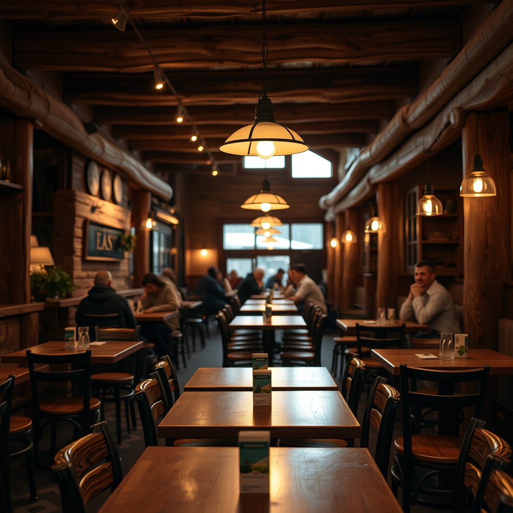 Cozy interior of a restaurant in Flagstaff, AZ with warm lighting and rustic wooden tables