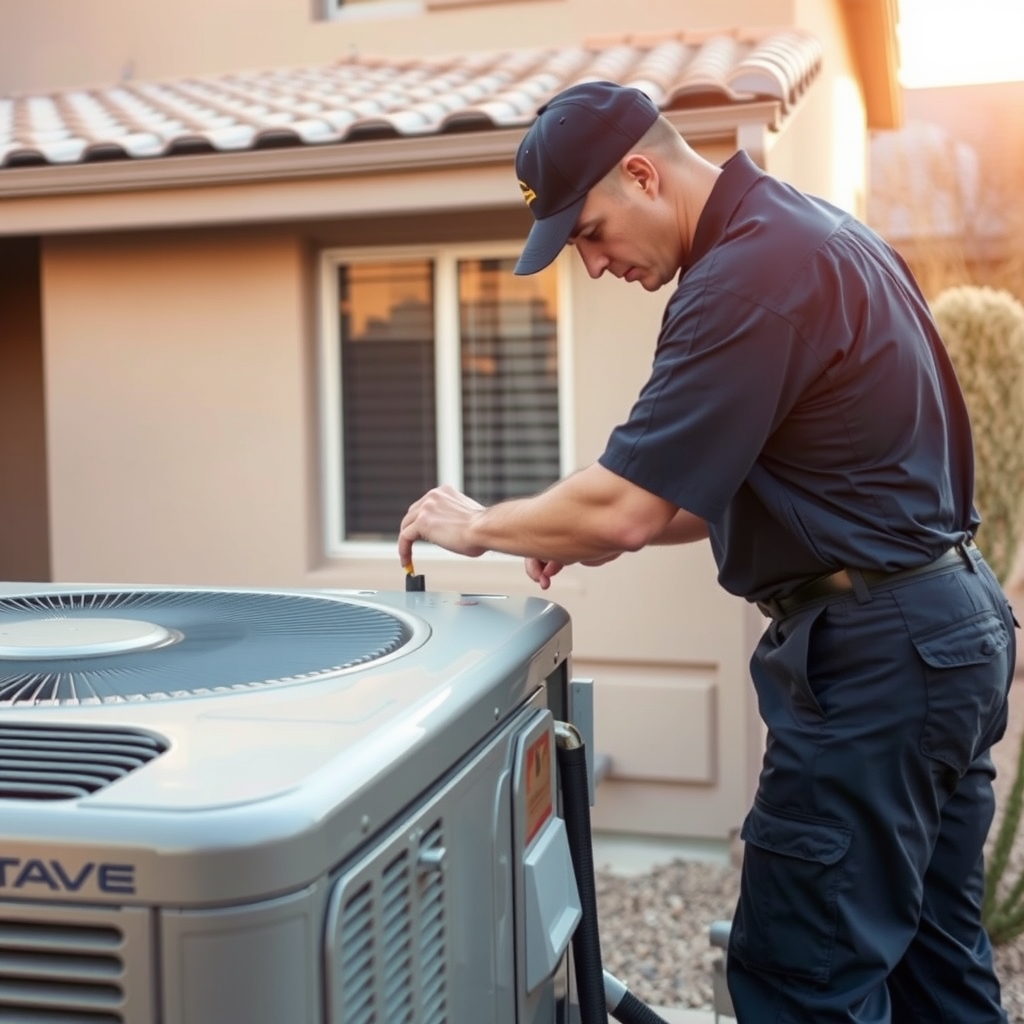 HVAC technician servicing an air conditioning unit at a residential home in Gilbert, AZ.