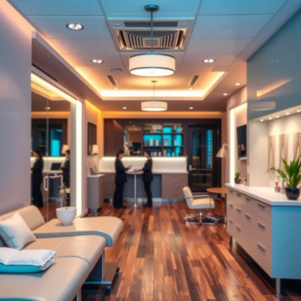 Serene interior of a modern med spa in Gilbert, AZ with warm lighting and minimalist design