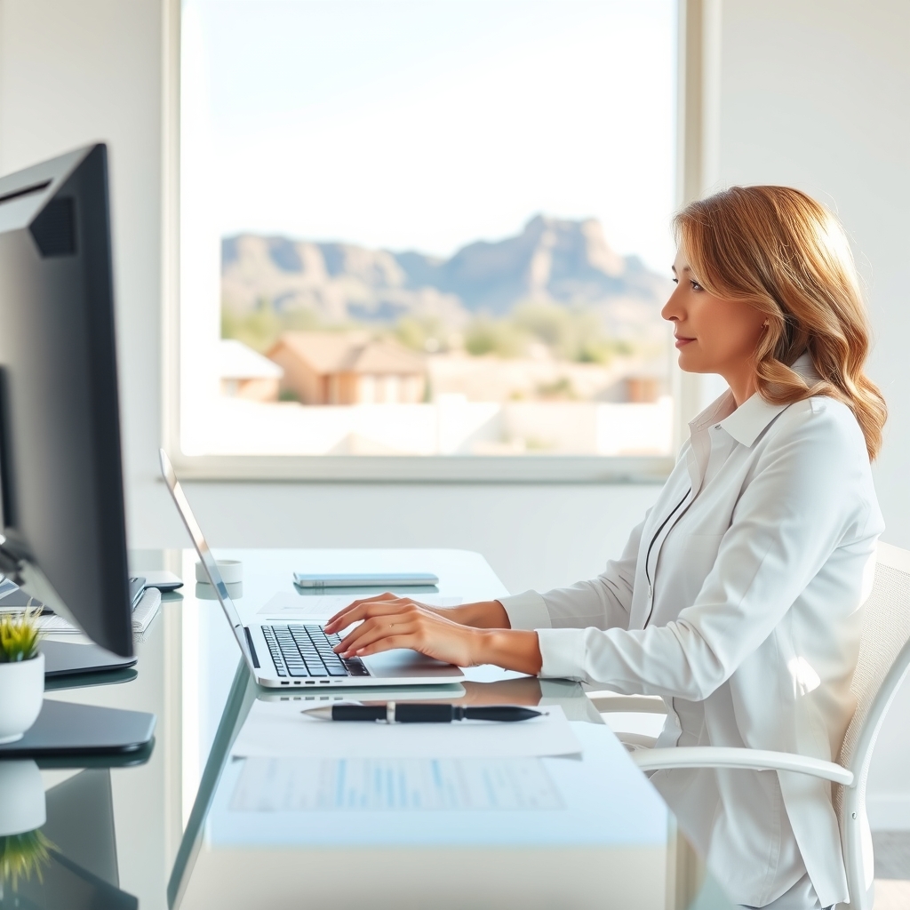 Real estate agent reviewing property listings in a sunlit office in Mesa, AZ.