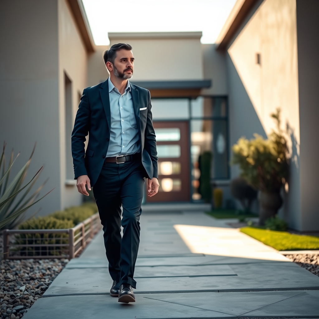 Real estate agent walking outside a sunny home in Phoenix, AZ