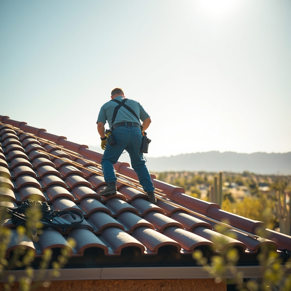 A roofer working on a residential tile roof in Scottsdale, AZ under bright morning light.