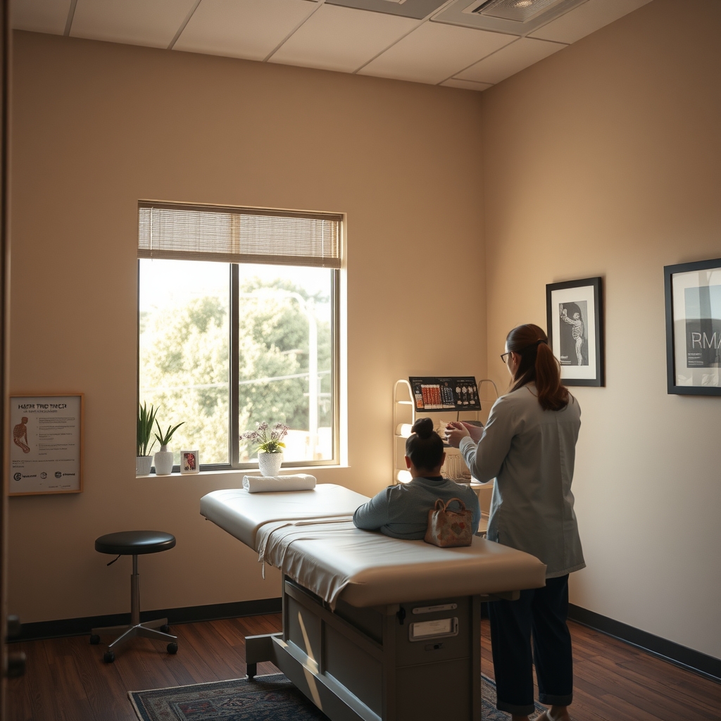 Professional chiropractor consulting with a patient in a bright Tucson, AZ clinic setting.