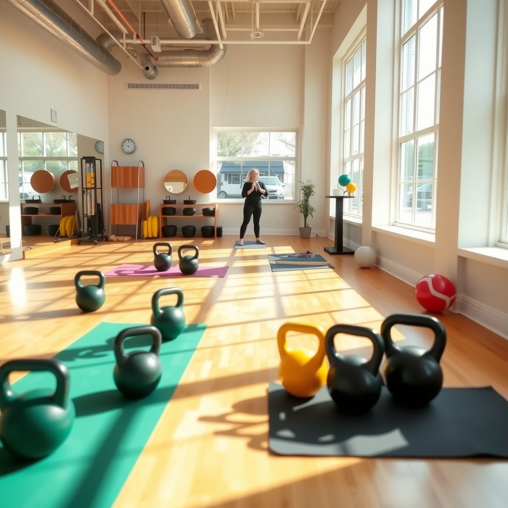 Inside a bright boutique fitness studio in Columbus, OH with workout equipment in natural light.