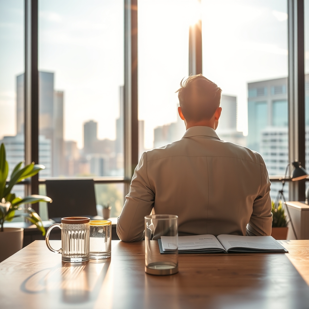 A financial advisor working in a modern downtown Austin, TX office with bright natural lighting.