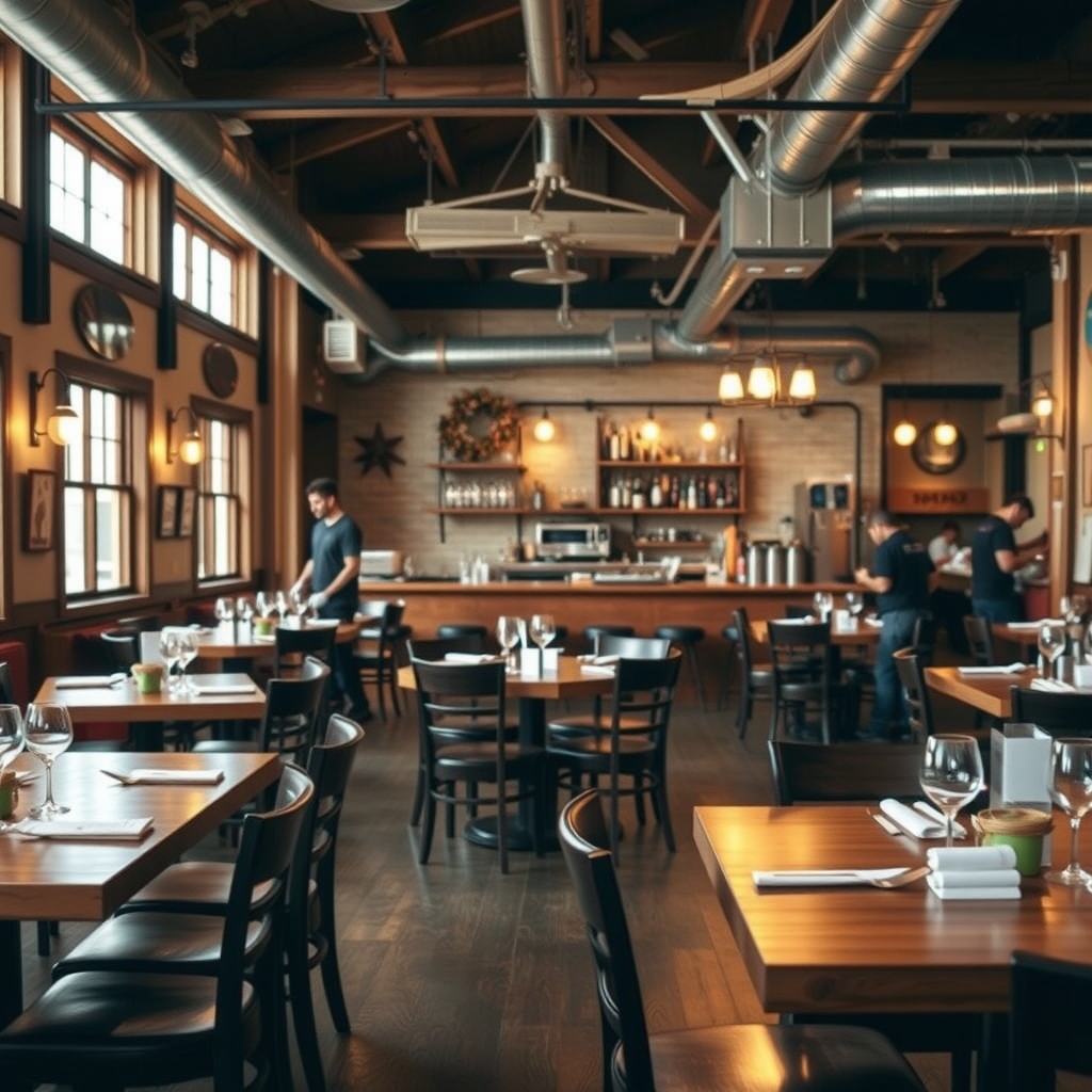 Interior view of a warm and welcoming restaurant setting in Austin, TX.