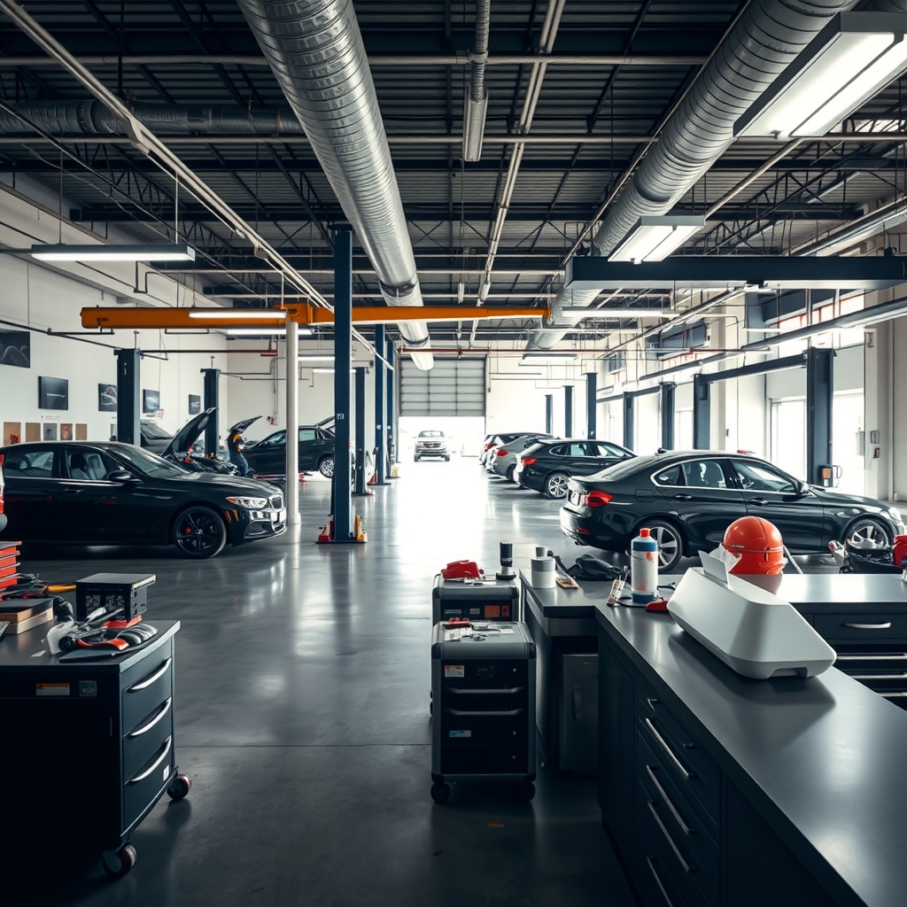 Auto repair shop service bays and mechanics working in Raleigh, NC