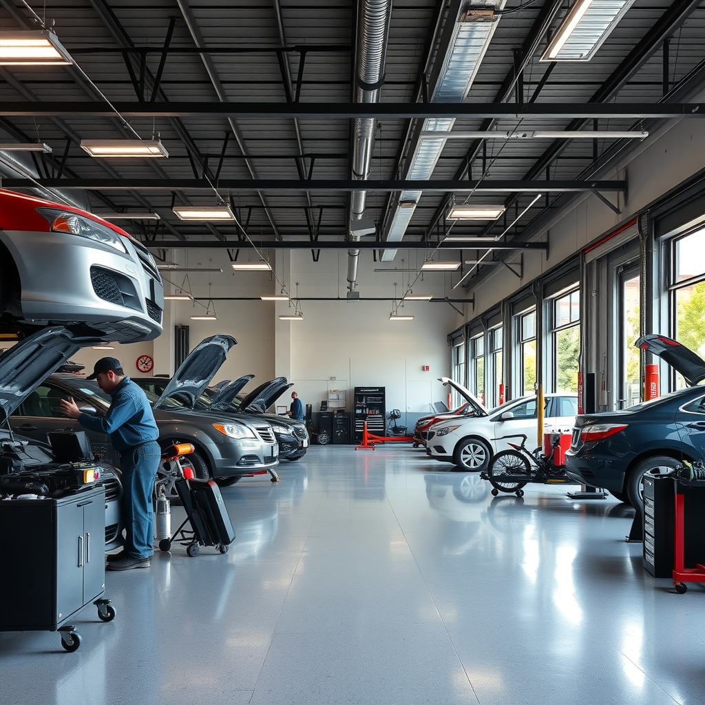 Mechanics working inside an independent auto repair shop in Raleigh, NC