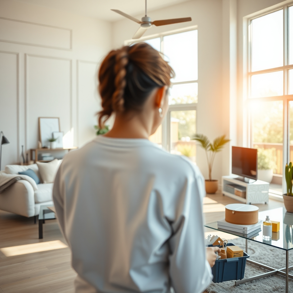 Professional cleaning service technician working inside a bright Dallas, TX home.