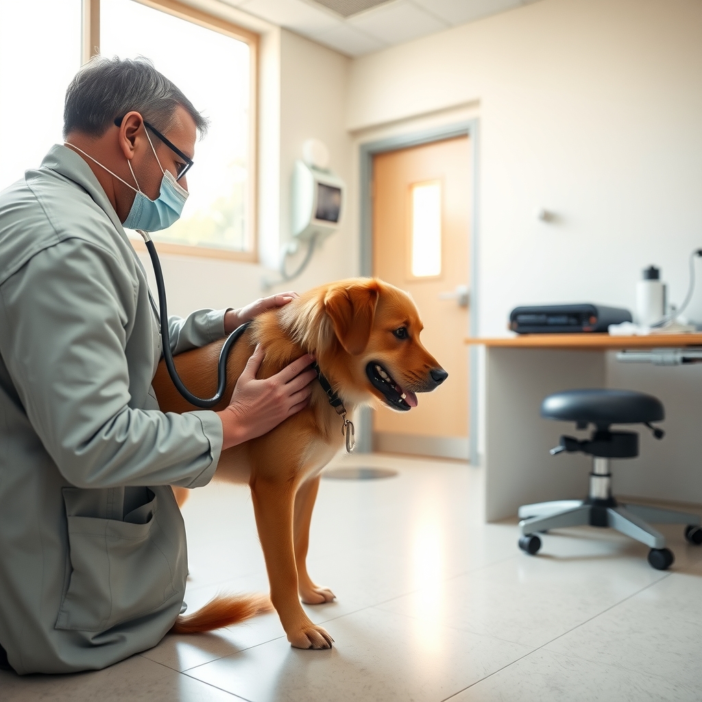 Veterinarian examining a dog in a modern Denver, CO clinic