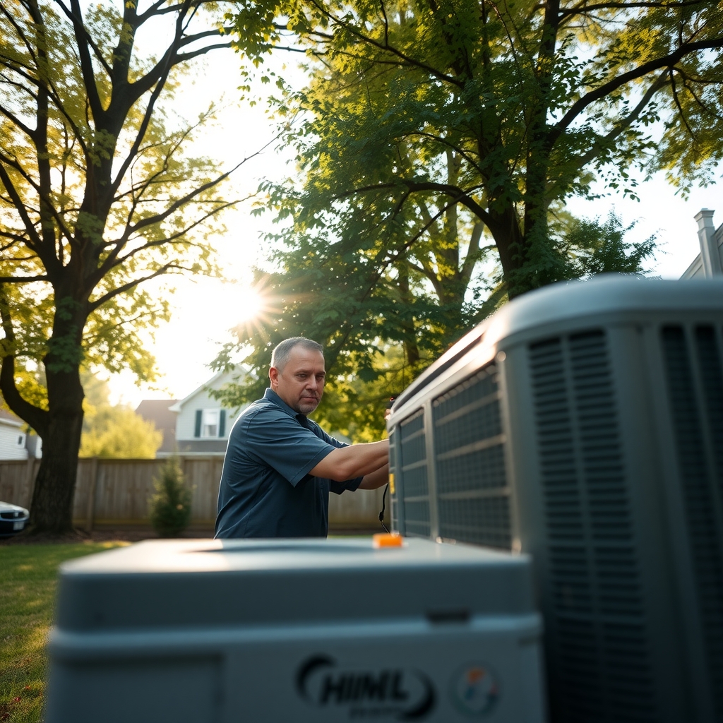 An HVAC technician services an outdoor air conditioning unit in a residential Columbus, Ohio neighborhood.