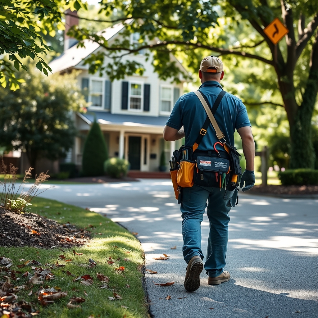 A professional plumber arriving at a residential home in Raleigh, NC for a service call.