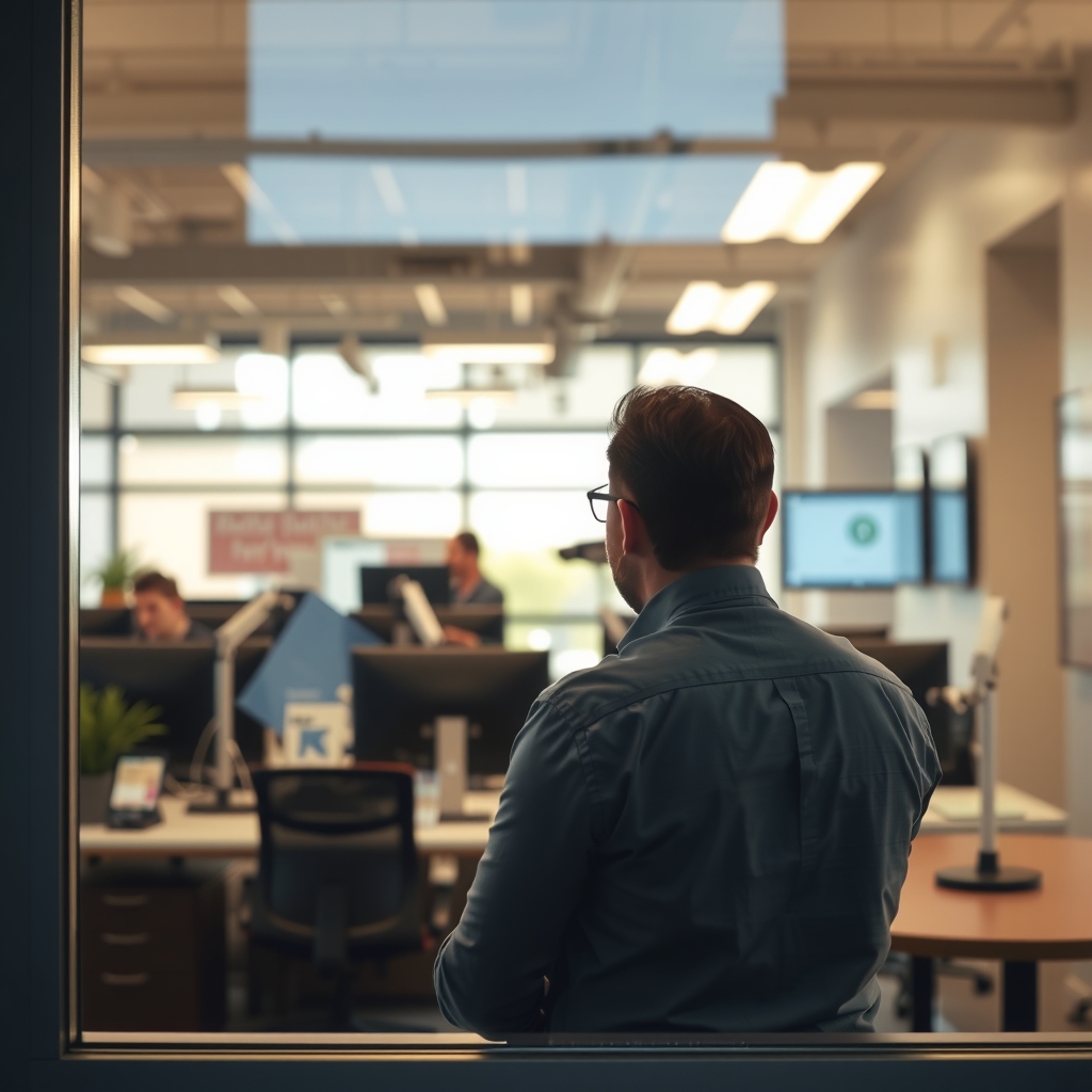 A professional franchise manager coordinating local business operations in a bright Raleigh, NC office setting.