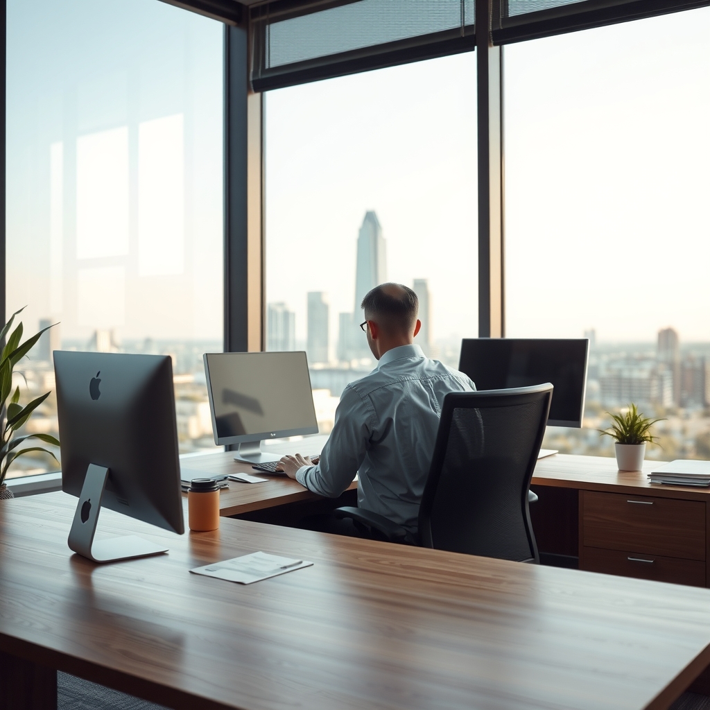 A professional accountant working at a desk with a distant view of the Dallas, TX skyline through a window.