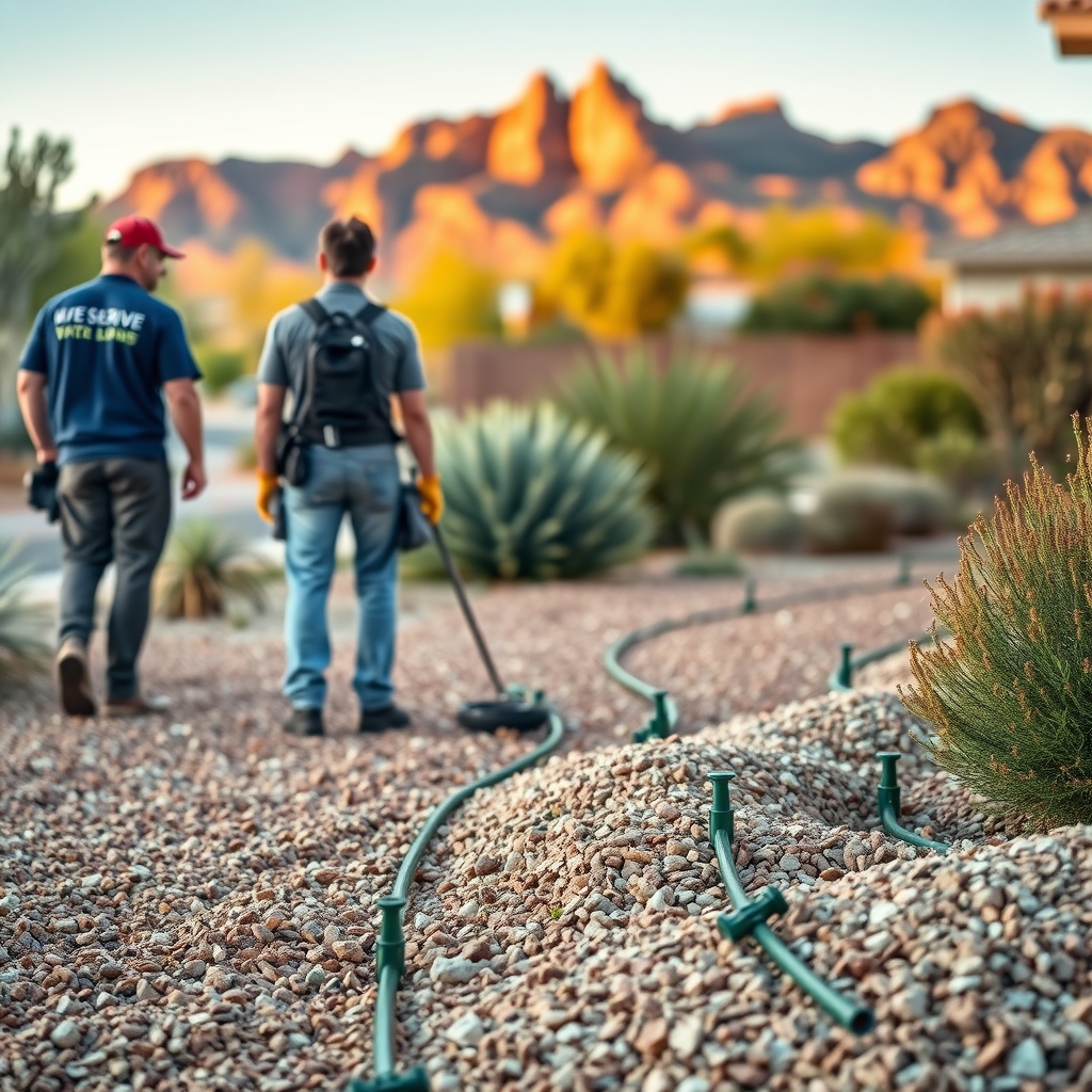 Desert landscaping crew installing irrigation and xeriscape plants in Las Vegas, NV.