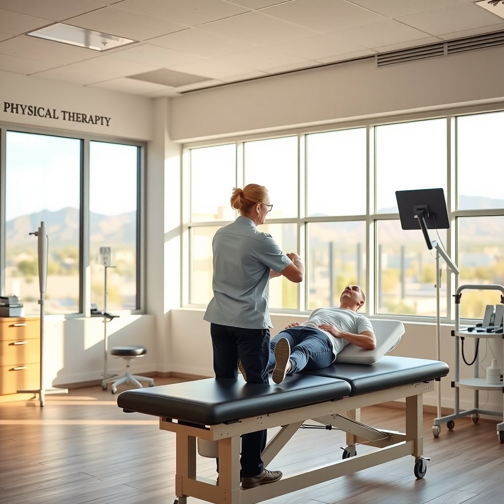 Physical therapist assisting a patient with mobility exercises in a modern Las Vegas, NV rehabilitation clinic.