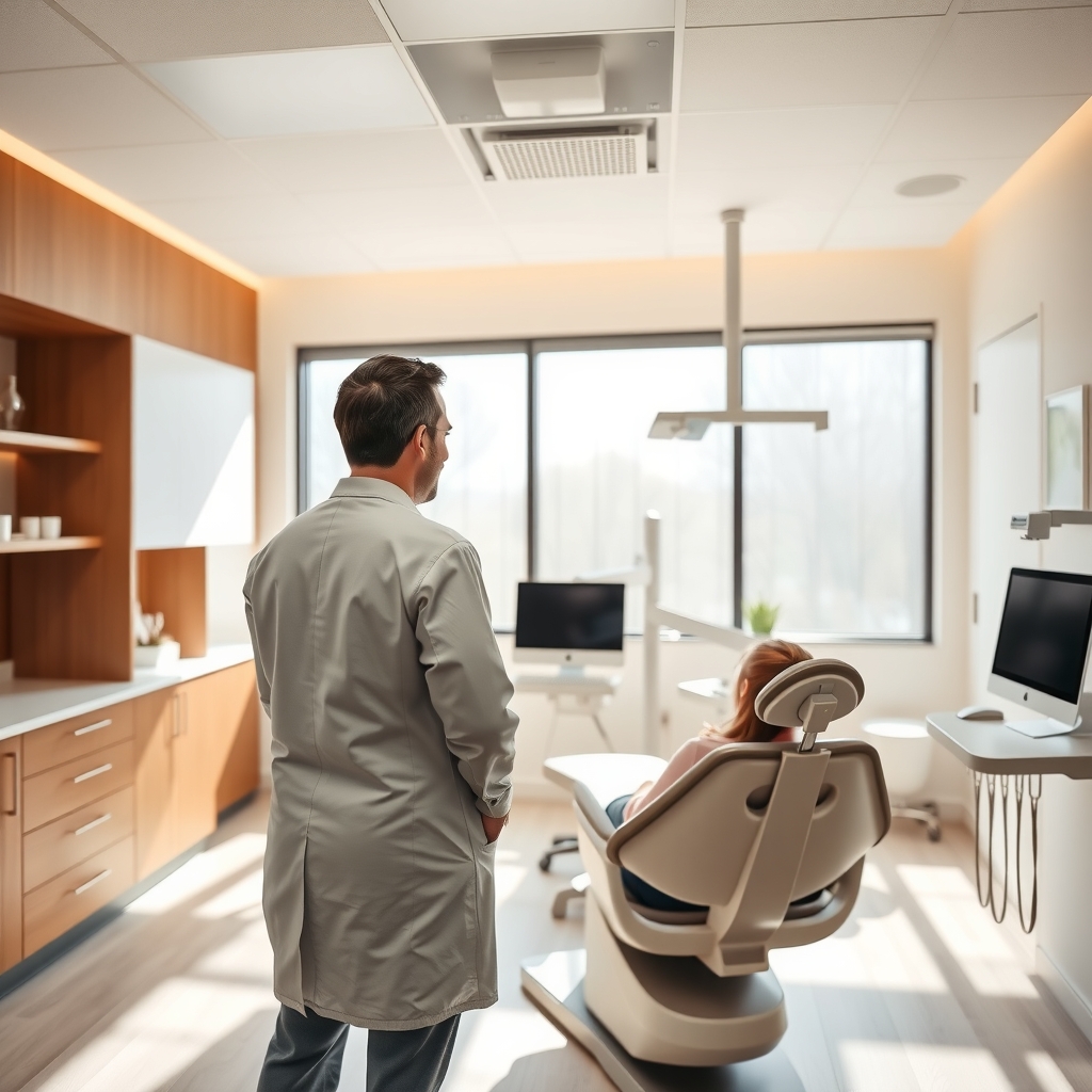 A welcoming and modern dental clinic setting in Denver, CO with a dentist talking to a patient.