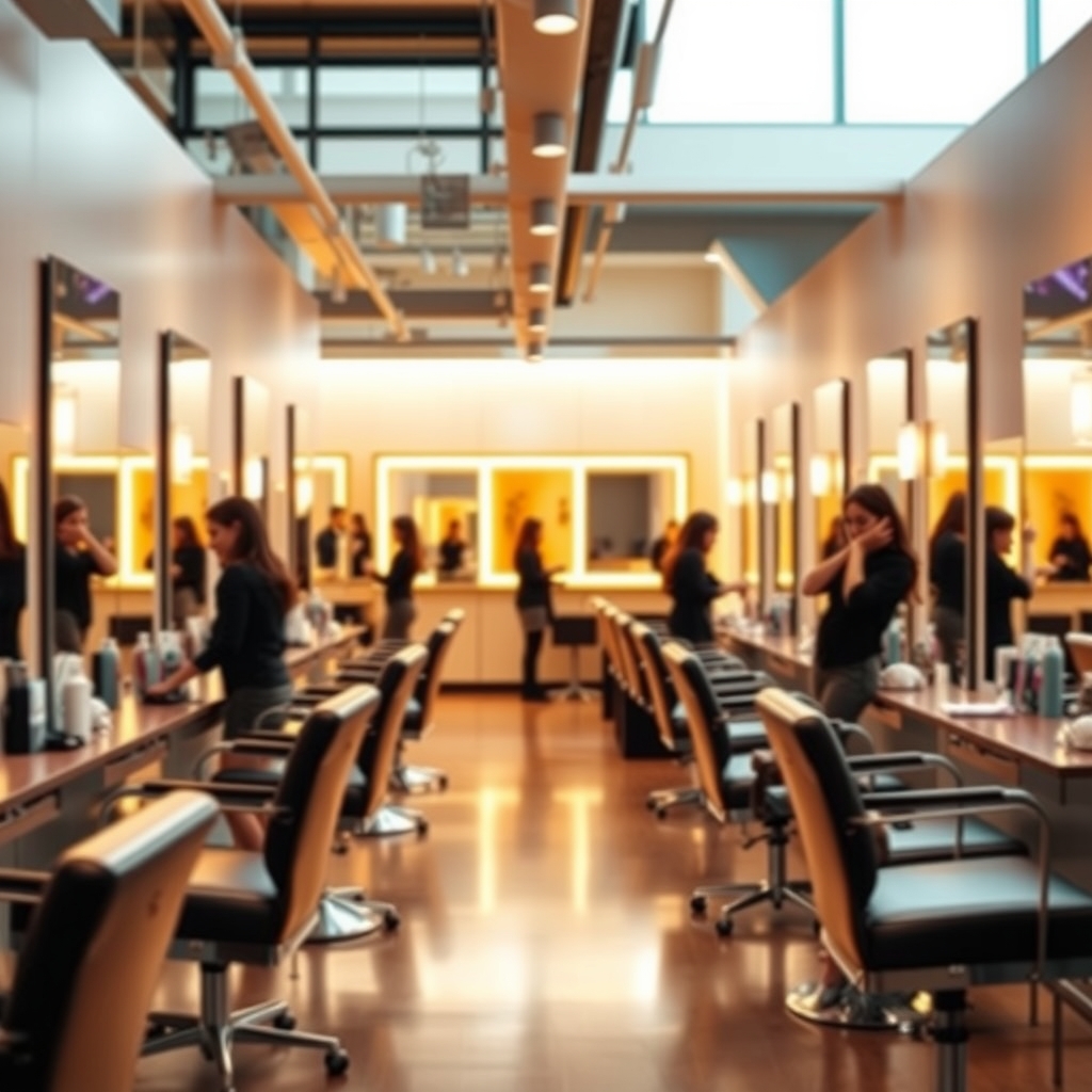 Interior of a modern hair salon in Nashville, TN with warm lighting and styling stations