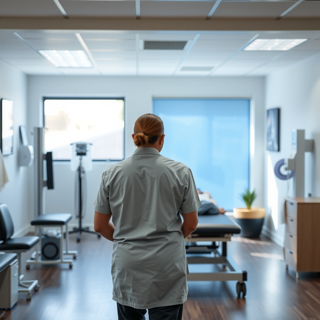 Physical therapy clinic interior in Las Vegas, NV with a practitioner assisting a patient.