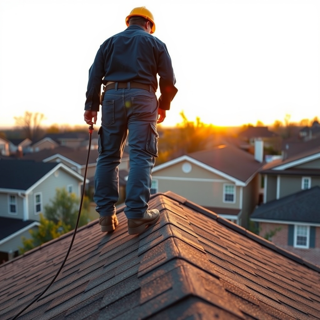 A roofer inspecting a residential roof in Nashville, Tennessee at sunset.