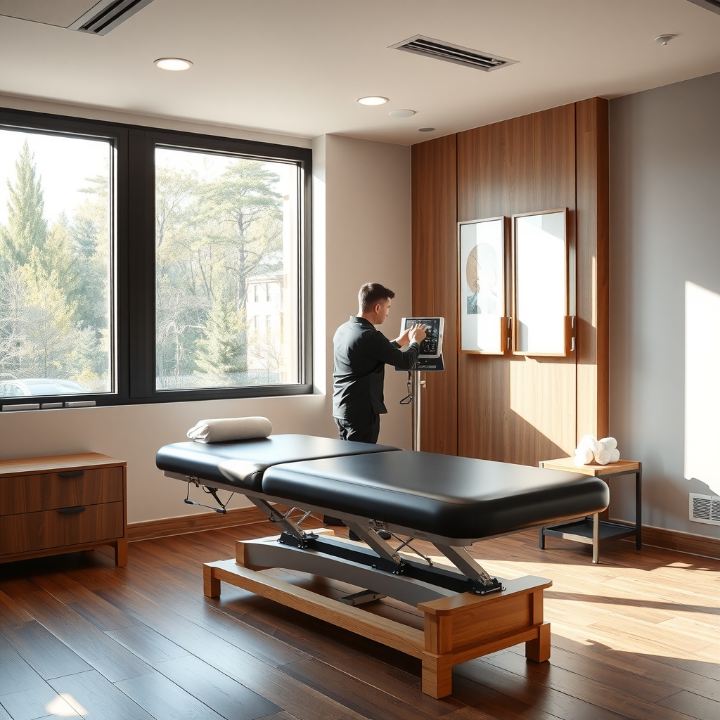 A modern chiropractic clinic treatment room bathed in natural light in Atlanta, GA.