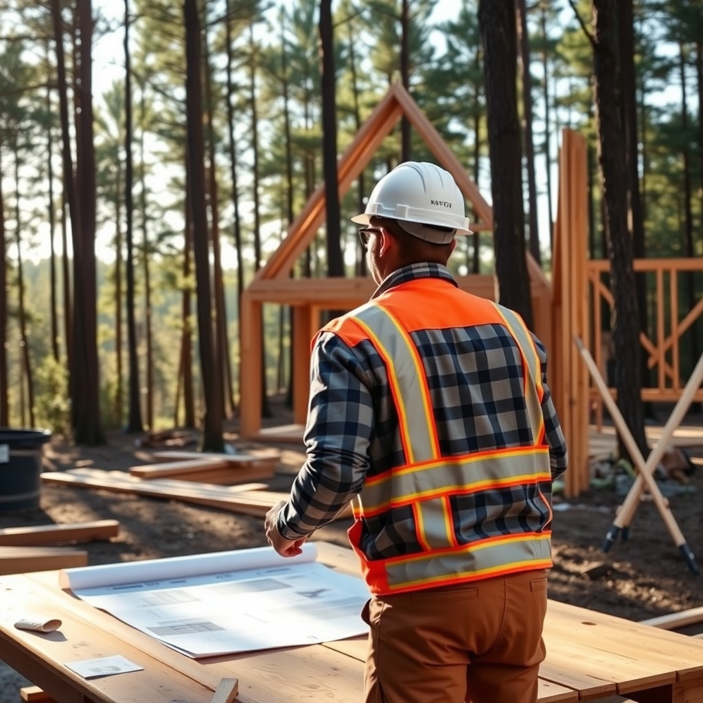 General contractor reviewing custom home plans on an active residential job site in Atlanta, GA.