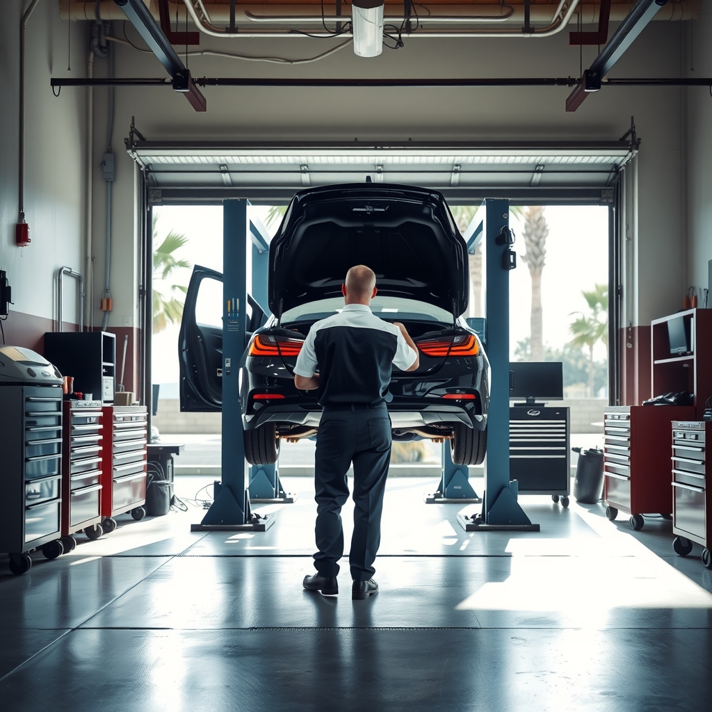 Mechanic servicing a vehicle inside a bright auto repair shop garage in Largo, FL.