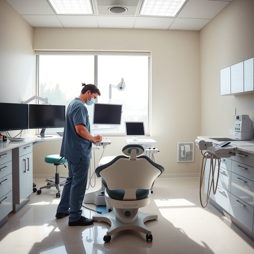 Sunlit dental operatory in Clearwater, FL with a clinician preparing treatment equipment.