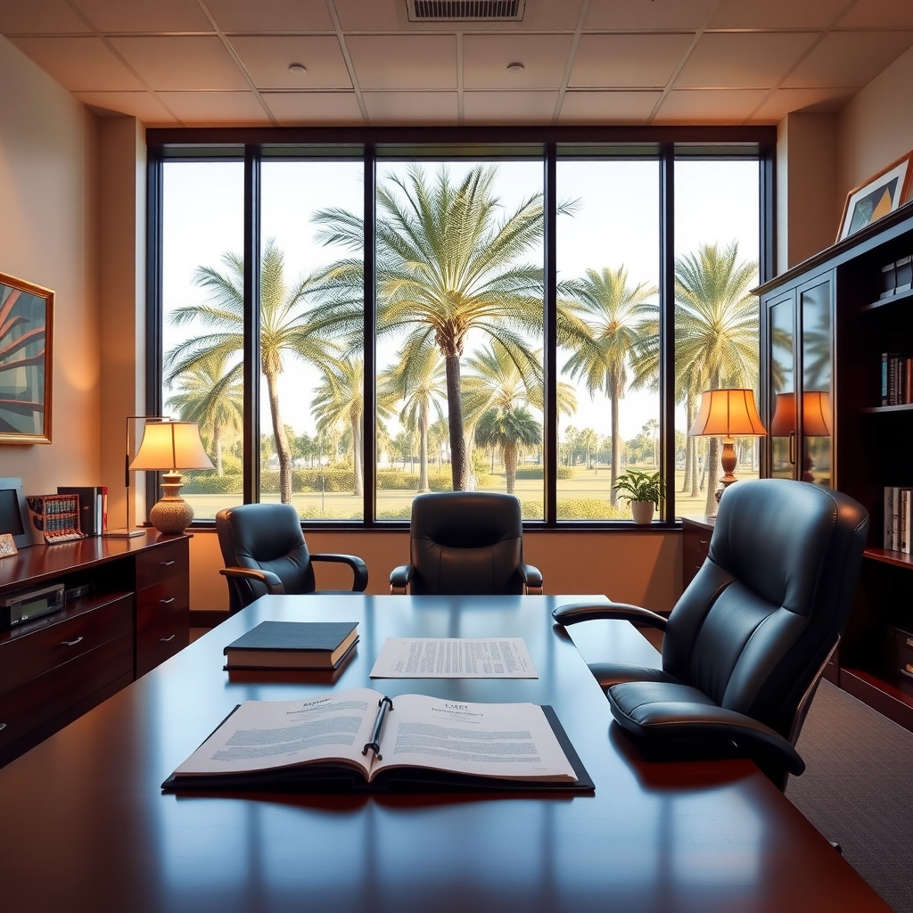 Professional law firm office interior in Dunedin, FL with natural light and legal documents.