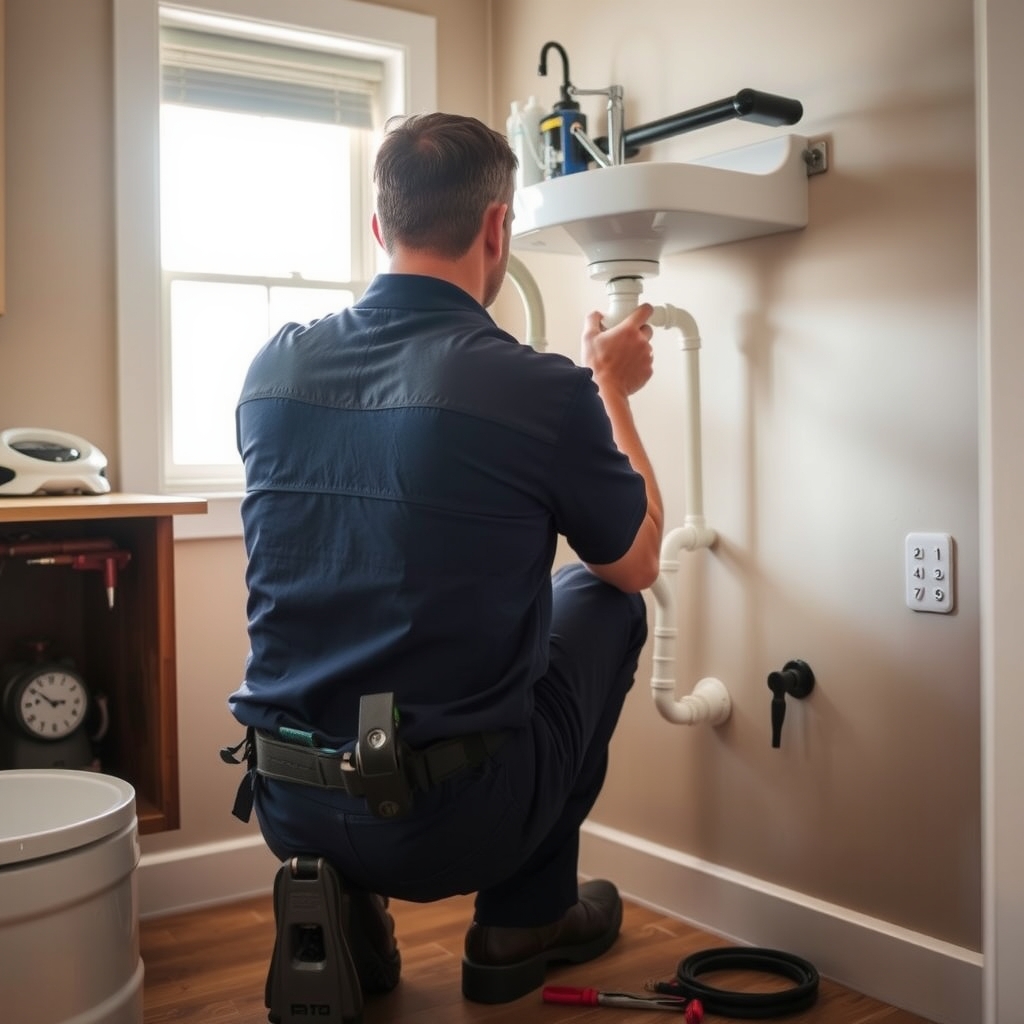 A plumber installing copper pipes under a kitchen sink in a Dunedin, FL home.