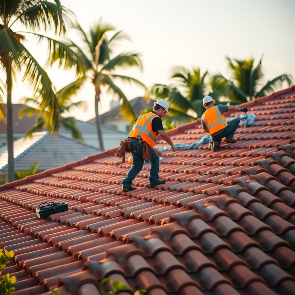 Roofing contractors working on a residential roof replacement project in Dunedin, FL.