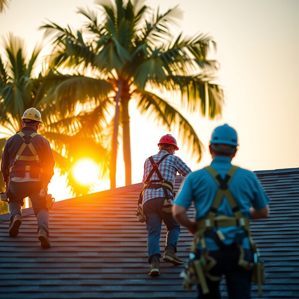 A professional roofing crew installing shingles on a home in Tampa, FL during golden hour.