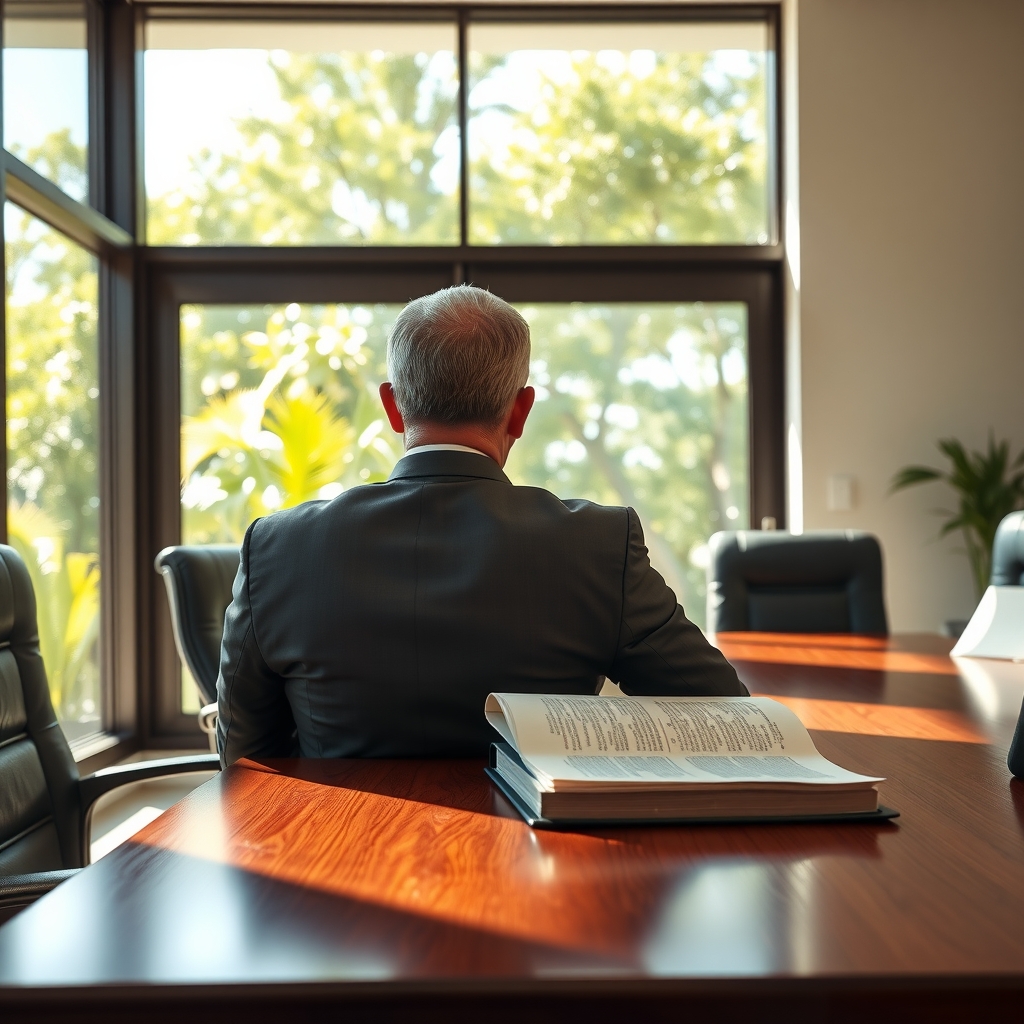 A professional law office setting in Pinellas Park, FL with a lawyer working at a conference table.