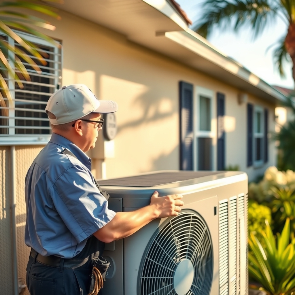 HVAC technician servicing an air conditioning unit at a home in Pinellas Park, FL.
