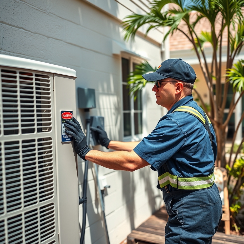 An HVAC technician servicing an air conditioning unit at a home in Pinellas Park, FL.