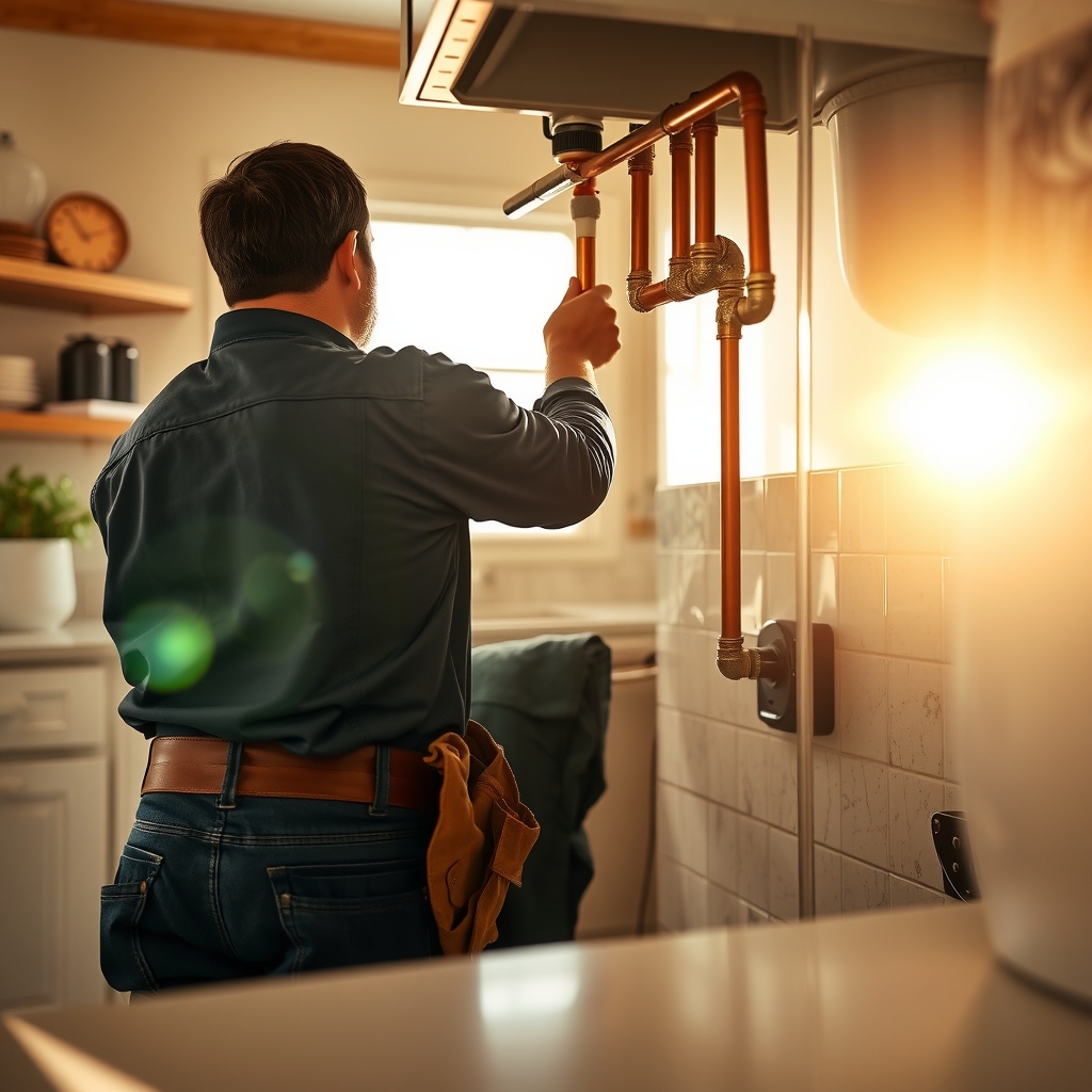 Plumber working on residential pipe installation inside a home in St. Petersburg, FL.