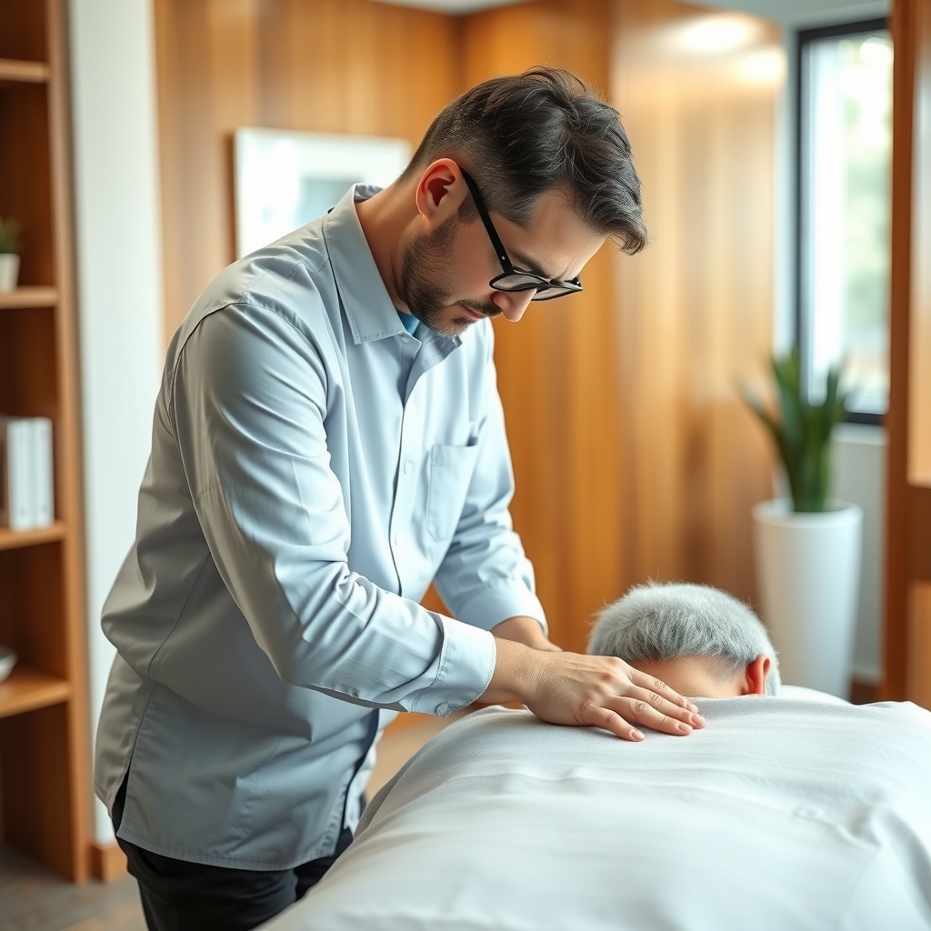 Chiropractor consulting with a patient in a modern clinic in Tampa, FL