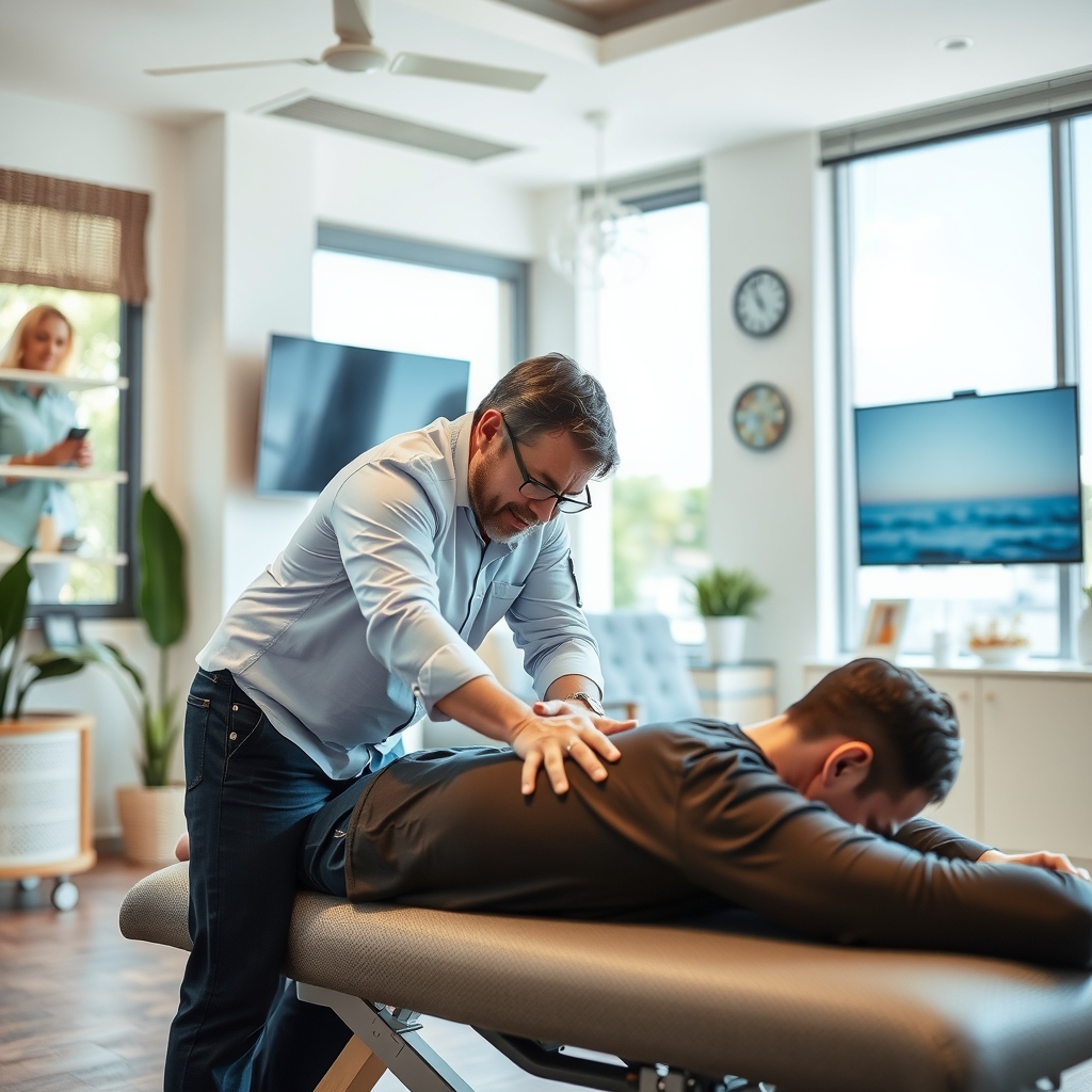 A bright, modern chiropractic clinic in Seminole, FL with a practitioner working with a patient.