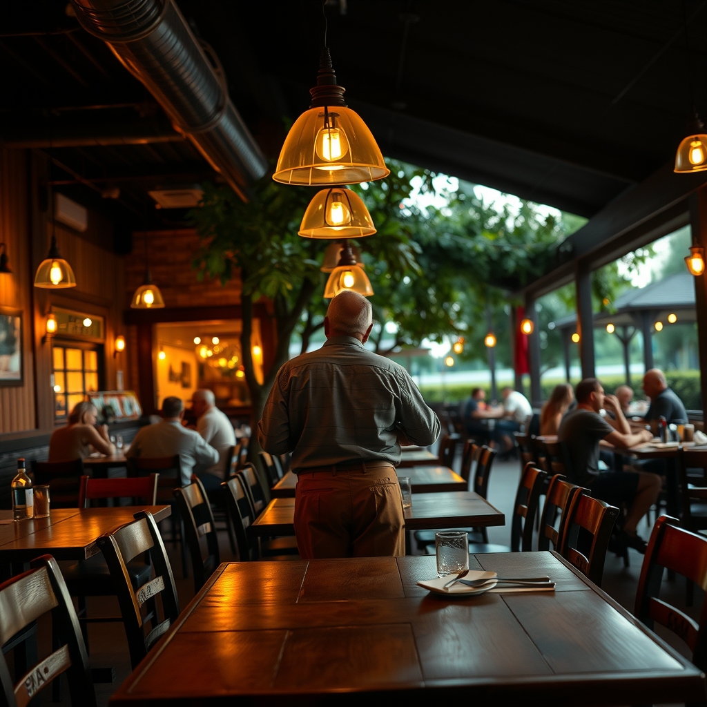 Atmospheric evening dining room and covered patio at a restaurant in Tampa, FL.