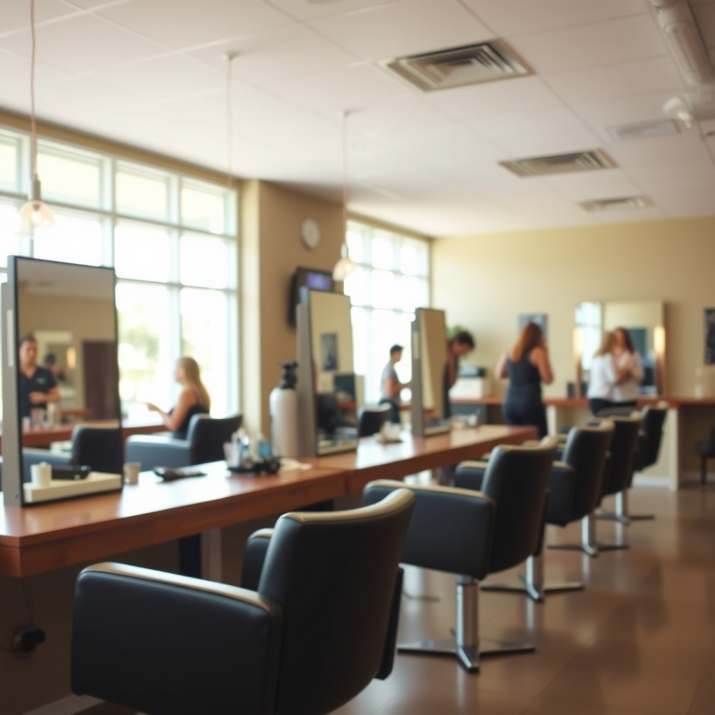 Interior of a bright, modern hair salon in Largo, FL with styling stations and natural light.